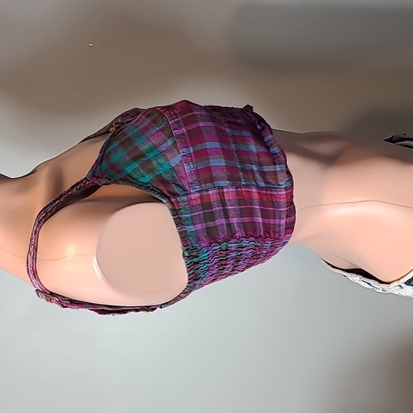 Free People One Plaid Crop Top Bustier Gypsy Size Medium Cottage Boho Festival - Picture 6 of 9